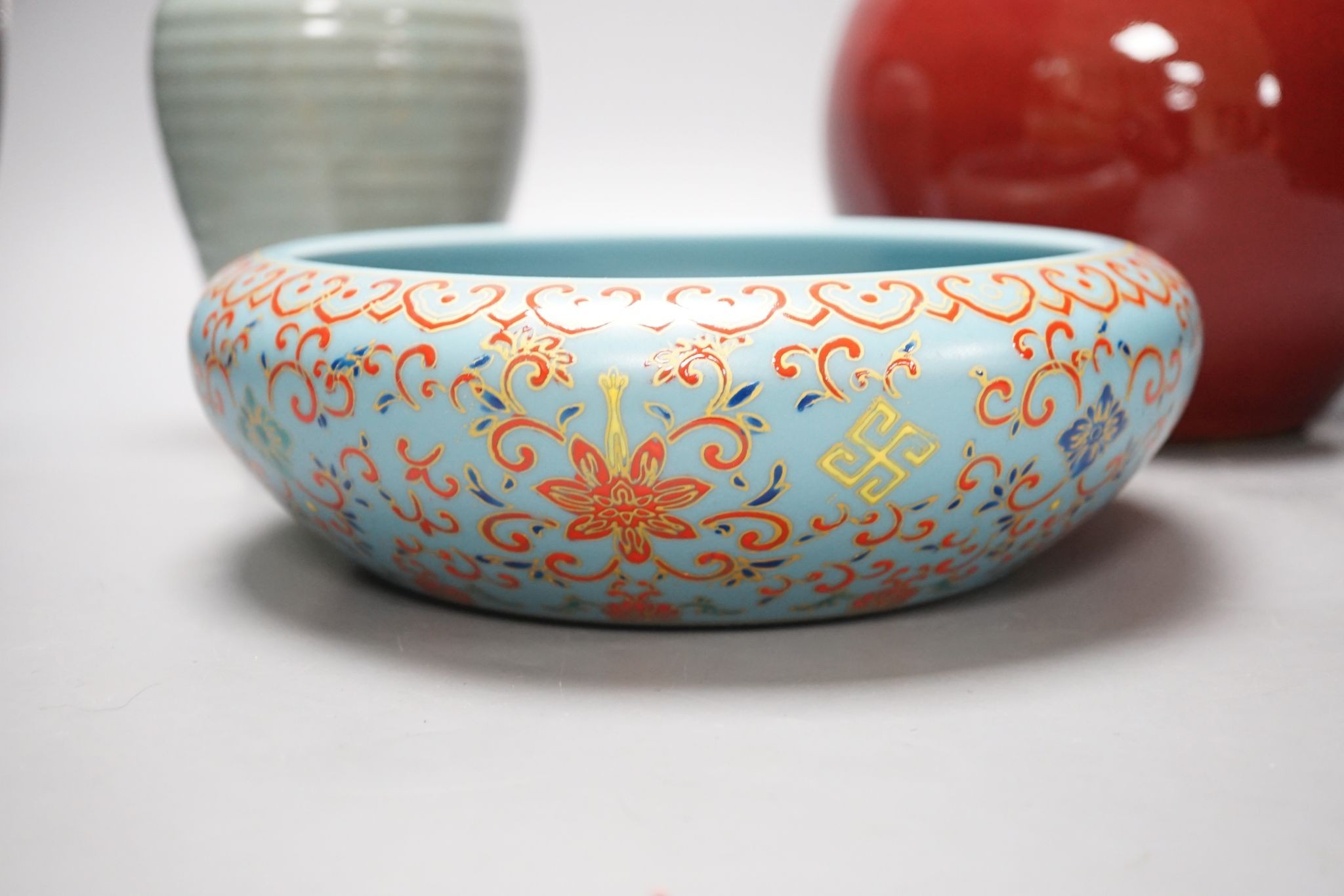 A Chinese oxblood vase, crackle glaze vase and enamelled bowl